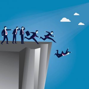 Vector illustration. Bad business Leadership concept. A Leader pointing wrong direction and make his employees running in confusion and falling down the cliff
